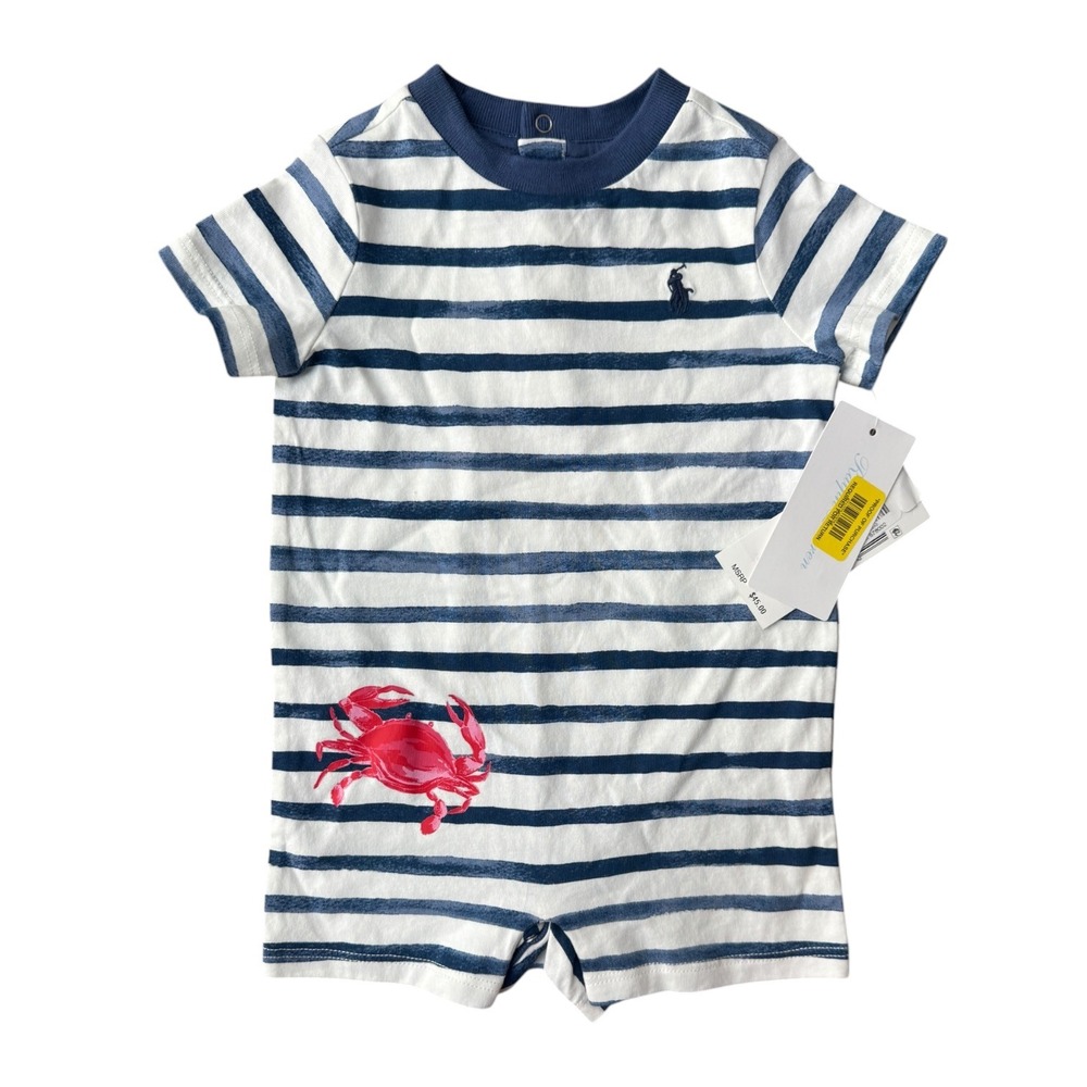 Ralph Lauren Baby Striped Crab-Print Cotton Shortall Size 3m NWT